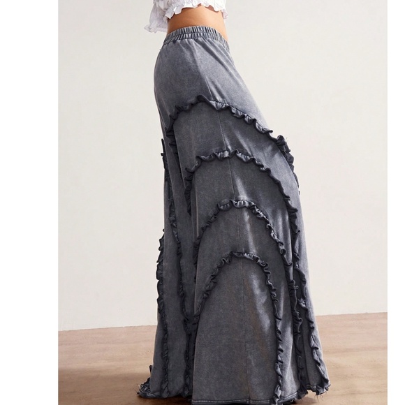 Mineral Wash Stretchy Waist Frill Detail Wide leg Pants - Picture 4 of 5